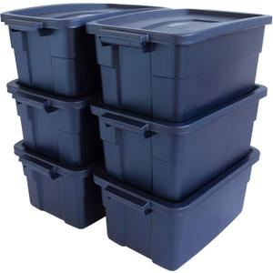 Rubbermaid Roughneck Tote 3 Gal, 6 Pack, Made in USA, Dark Indigo Metallic, Rugged Plastic Stackable Storage Bins with Lids and Handles
