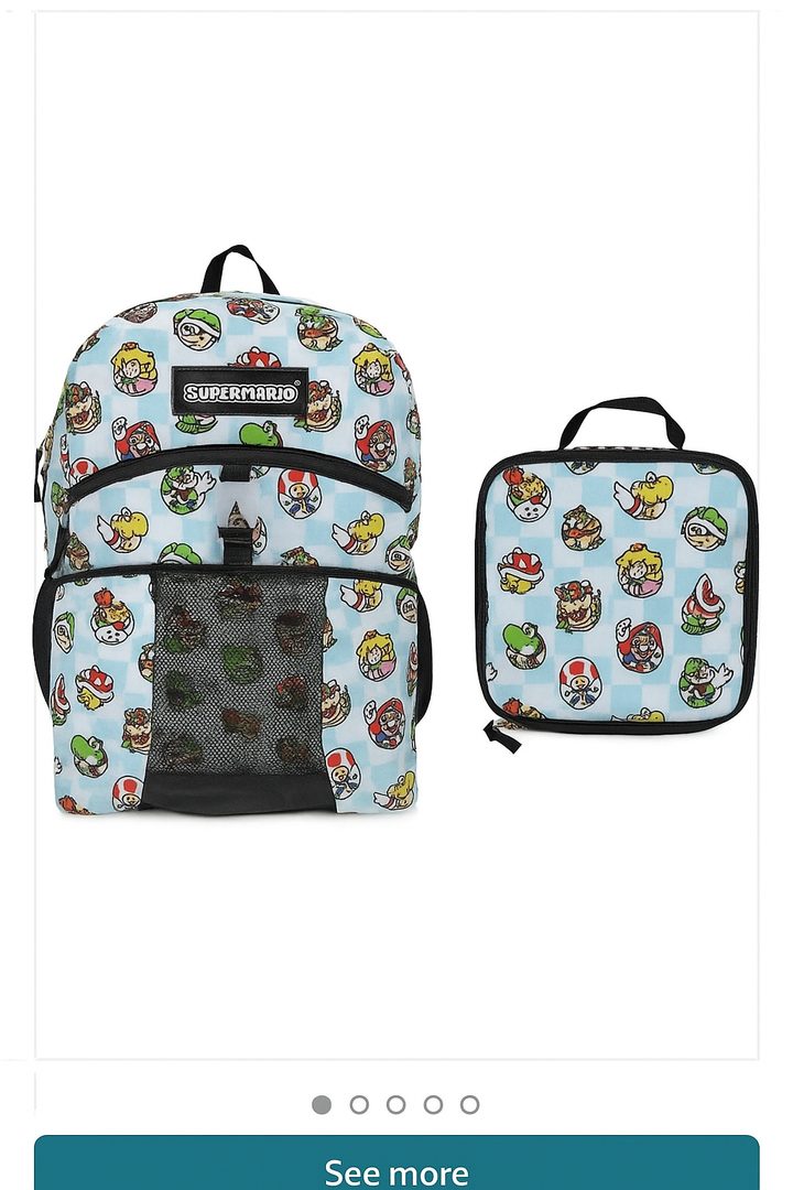 Super Mario Backpack and Lunch Box Set for Kids - Bundle with Mario Backpack, Mario Lunch Bag, Stickers, Water Bottle, More | Super Mario School Bag for Boys 4-6