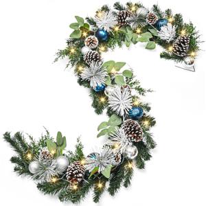 Christmas Garland with Lights, 6FT Prelit Christmas Garland Battery Operated Xmas Garland with Christmas Blue Balls, Pine Cones and Pine Needles for Mantle Fireplace Staircase Porch Decor