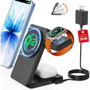 Magnetic Wireless Charging Station for Apple: Upgraded Qi2 Certified 15W 3-in-1 Magsafe Wireless Charger Stand, Foldable Travel Fast Charger for iPhone 17 16 15 14 13 12 Series, Apple Watch, AirPods (Pure Black)