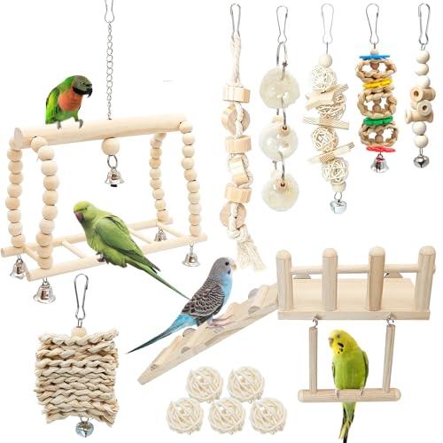 Hamiledyi 13Pcs Parrot Swing Chew Toys Bird Perches Platform with Climbing Ladder Hanging Cage Accessories for Parakeet, Conure, Finch, Lovebirds, Budgie, Canary Standing