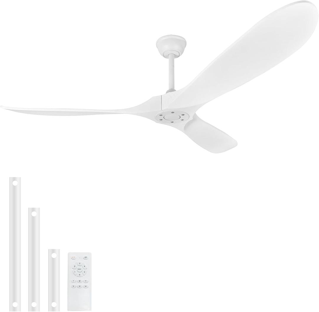 60 Inch White Ceiling Fan No Light,Wood Propeller Blades,Outdoor Ceiling Fan without Light,Quiet Operation,Speed Memory Function,Large Airflow for Living Room,Garage,Patio. (White, 60 inch)