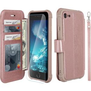 VANAVAGY Compatible for iPhone SE2/SE3/iPhone 8/iPhone 7 Wallet Case, RFID Flip Leather Cover with Wrist Supports Wireless Charging with Card Holder and Glass Screen Protector, Rose Gold