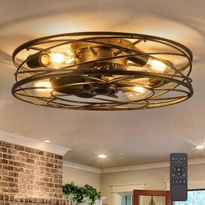 Flush Mount Caged Ceiling Fan: 20" Caged Ceiling Fan with Lights and Remote, Bladeless Low Profile Ceiling Fans 6 Speed Reversible Quiet Industrial Enclosed Ceiling Fan for Bedroom Dining Room Kitchen (Black Brush Gold)