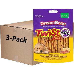 Dreambone Twist Sticks with Real Bacon and Cheese Flavor 50 Count, Rawhide-Free Chews for Dogs (3 Pack) | Daily Chew, Digests Safely and Completely, Made With Real Bacon, Cheese, Chicken and Veggies, For Adult Dogs (EXP 03/24/29)
