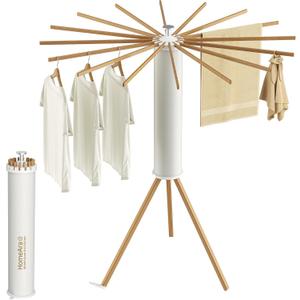 HomeAra Wooden Tripod Clothes Drying Rack, Foldable Portable Garment Stand, Space Saving Laundry Drying Stand for Clothes, Indoor Outdoor Balcony Bedroom Laundry Organizer