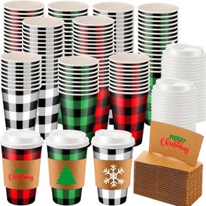 Layhit 60 Sets 16 oz Christmas Disposable Coffee Cups with Lids and Sleeves Christmas Paper Cups Red White Buffalo Plaid Party Cups for Hot Cocoa Chocolate and Cold Drinks Xmas Holiday Supplies