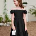 Arshiner Girls Black Dress Double Layer Ruffle Sleeve Off Shoulder Smocked Church Funeral Tween Dresses, Size 14-16