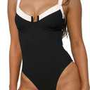 Women's Contrast Trim Knotted Slimming One-Piece Swimsuit Vintage Bathing Suits (Medium, Black)