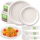 Gezond Compostable Paper Plates 250pcs Disposable Plates Heavy-Duty Paper Plates Biodegradable White Plates for Party Sugarcane Plates Cornstarch Forks Knives Spoons for 50 Guests