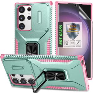 for Galaxy S23 Ultra Case with Sliding Camera Lens Cover, HD Screen Protector,360 Rotating Kickstand,AYMECL Military-Grade Shockproof Protective Cover for Samsung Galaxy S23 Ultra,Mint+Pink