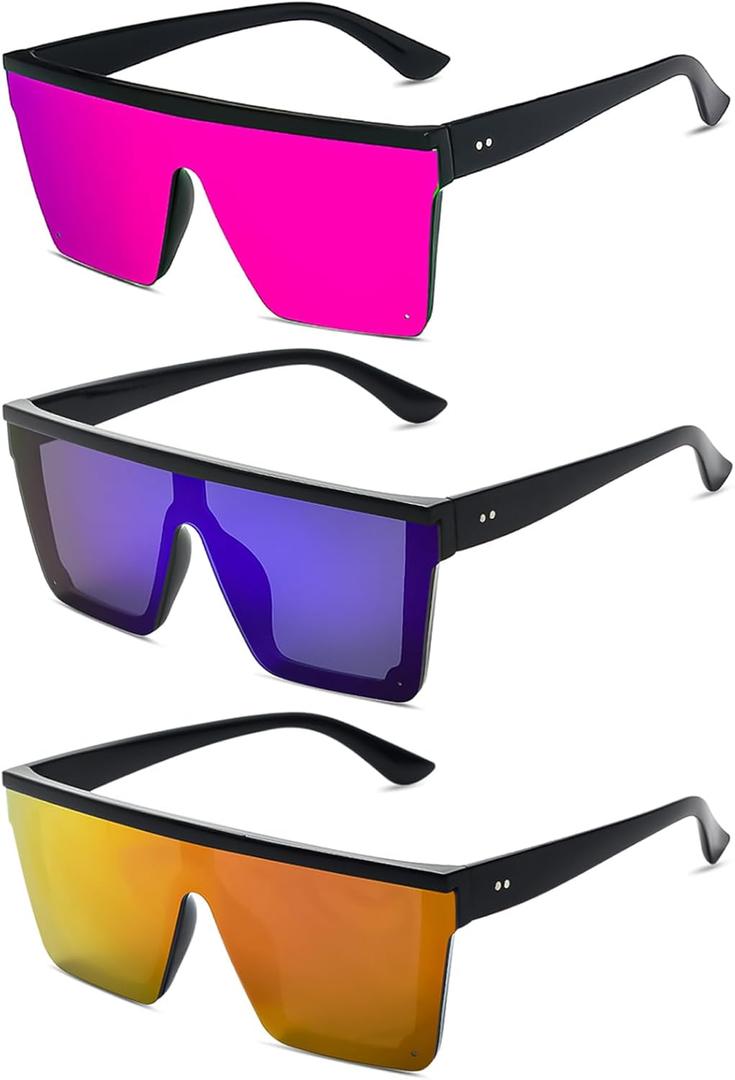 3 Pack Oversized Square Sunglasses for Women Men Large Flat Top Thick Frame Big Sun Glasses UV400 Protection (Mirror Blue/Purple/Red)