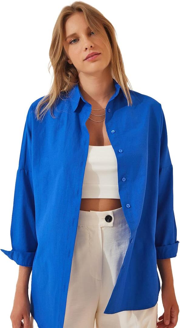 BIG DART Oversized Button Down Shirts for Women, Dressy Casual Long Sleeve Blouses Summer Tops Tunics (Medium, Royal 38)