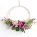 Weldomcor Peony Wreath for Front Door, Spring Summer Decor with Wood Bead Pink Dahlia Flower Eucalyptus Leaves Artificial Hoop Wreath for Home Wedding Wall Window Indoor Outdoor Hanging Decoration
