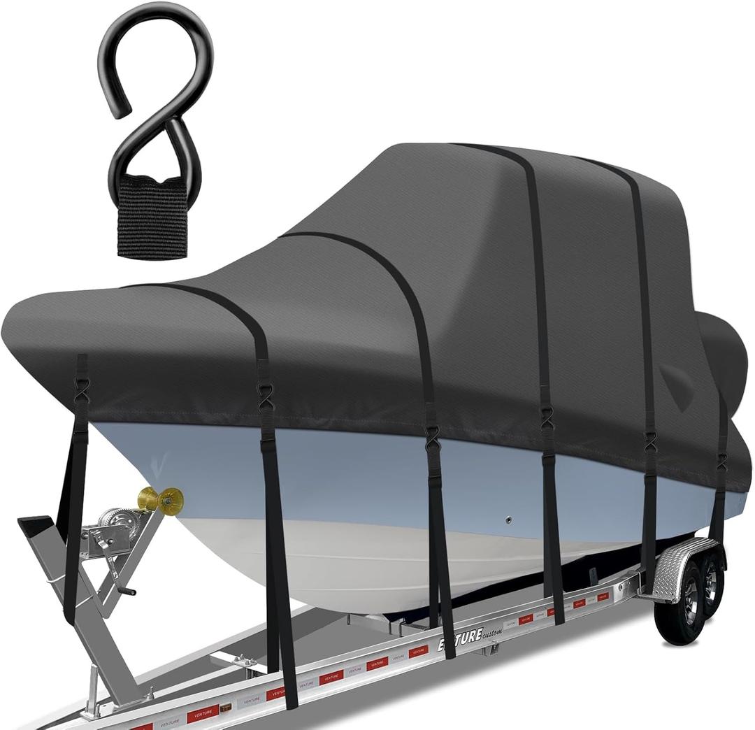 1400D Heavy Duty T-Top Boat Cover with Metal Buckles, 18-20ft Trailerable T Top Hard Top Boat Cover, Marine Grade TTOP Boat Storage Cover, Waterproof Center Console Boat with T TOP Roof, Black