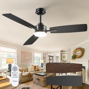 Amico Ceiling Fans with Lights, 52 Inch Ceiling Fan with Light and Remote Control, Black Fan, Reversible, 3CCT, Dimmable, Noiseless, Ceiling Fan for Bedroom, Indoor/Outdoor Use