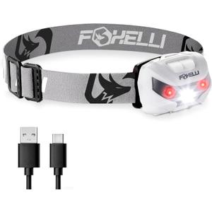 Foxelli USB-C Rechargeable LED Headlamp  Super Bright, Lightweight Head Lamp for Running, Camping, Hiking & Work  Comfortable Fit for Adults & Kids (White)