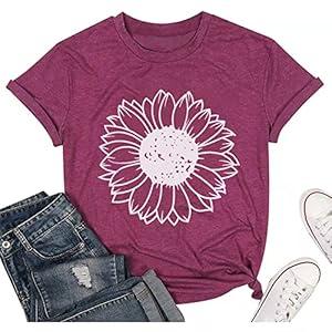 Women's Summer Tops Sunflower T Shirts for Women Cute Graphic Loose Tees Crew Neck Short Sleeve Casual Tops, L