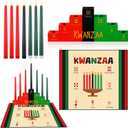 9 Pcs Kwanzaa Kinara Set Include 7 Kwanzaa LED Candles, Flameless Battery Powered Electric Candles, 1 Wooden Kinara Candle Holder, 1 Mkeka Mat Decorations