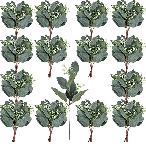 Apexom 64 PCS Artificial Greenery Stems, Silver Dollar Eucalyptus Stems with 384 Eucalyptus Leaves White Seed Branches for Flower Arrangements, Wedding Bouquets