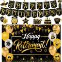 Happy Retirement Party Decorations For Men Women - Black and Gold Happy Retirement Banner, 5.9x 3.6Ft Retired Backdrop, 8 Pcs Hanging Swirls