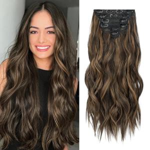 Fliace Clip in Hair Extensions, 6 PCS Natural & Soft Hair & Blends Well Hair Extensions, Black with Caramel Highlights Long Wavy Hairpieces(24inch, 6pcs, Black with Caramel Highlights)