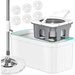 Spin Mop and Bucket Set Non-Tilting 5-Gallon Mop Bucket with Wringer Mops for Floor Cleaning + Extra 6PC Mop Heads, Detachable Splash Guard Spin Basket, Extendable Silent Telescopic Handle