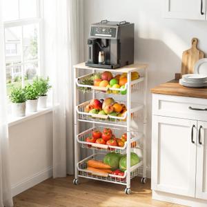 Kitchen Organizer Cart with Wheels, 5 Tier Fruit and Vegetable Storage Basket, Rolling Storage Cart for Kitchen, Pantry, Bathroom, Upgraded Design with Slide-Out Shelves, White