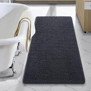 LOCHAS Luxury Bathroom Rug Shaggy Bath Mat 24 x 48 Inch, Washable Non Slip Bath Rugs for Bathroom Shower, Soft Plush Chenille Absorbent Carpets Mats, Dark Grey