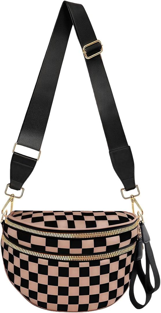 Checkered Crossbody Bags for Women Nylon Bum Bag Spacious Trendy Fanny Pack Large Sling Bags with Adjustable Strap
