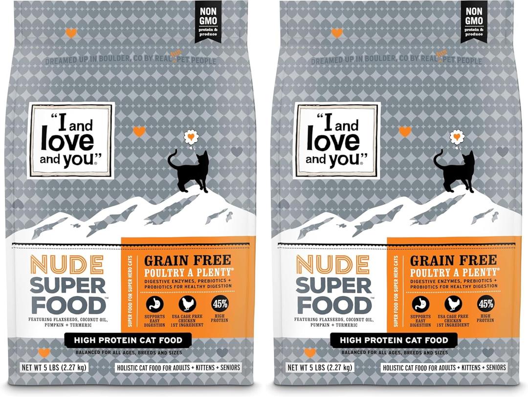 I AND LOVE AND YOU Nude Super Food Dry Cat Food - Turkey + Chicken - Grain Free, High Protein, No Fillers, Superfoods, 5lb Bag (Pack of 2), Best By 07/25/2025