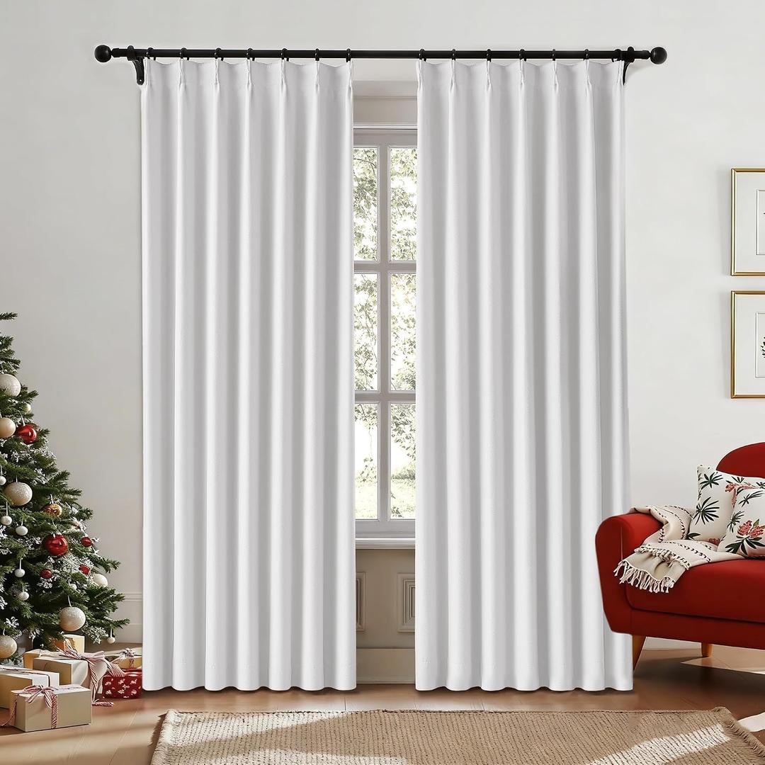 White Pinch Pleated Full Blackout Curtains Thermal Insulated Window Curtains 63 inch for Bedroom Living Room Darkening with Hooks Rings Back Tab Pinch Pleat Drapes, 2 Panels 40" Wx63 L