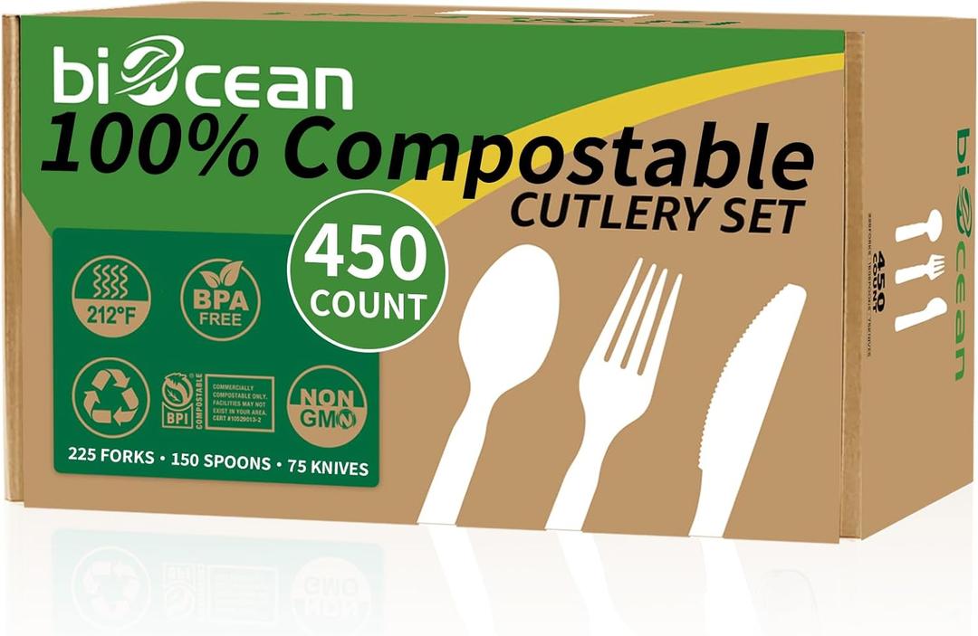 450 Counts Compostable Forks Spoons Knives Set Disposable Forks Utensils Heavy Duty Silverware Eco Friendly Flatware for Party Camping Picnics White forks spoons and knives set