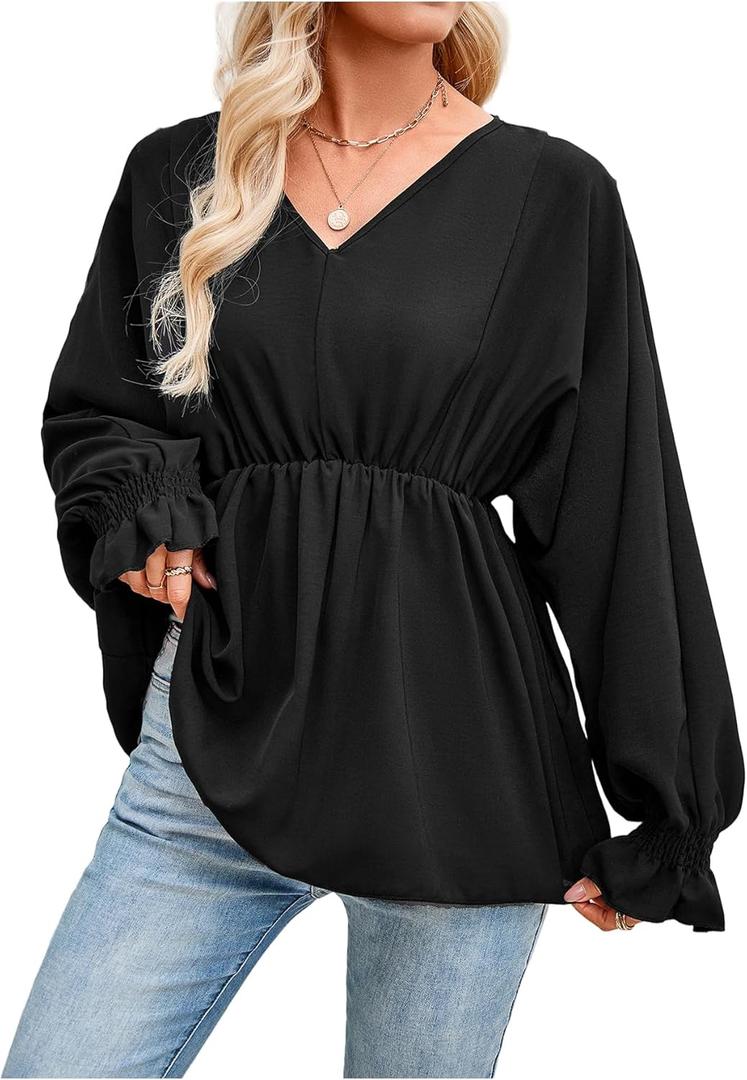 SweatyRocks Women's Bishop Long Sleeve V Neck Ruffled Chiffon Blouse Loose Babydoll Peplum Tops (S)