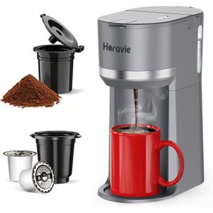 Horavie Mini Single Serve Coffee Maker for K Cup Pods and Grounds, Fast Brew One Cup Coffee Machine with Descaling Reminder and Water Window, 6 to 12 oz. Brew Sizes, Gray