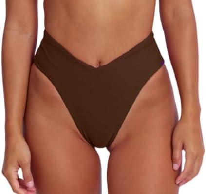 geluboao Women's Bikini Bottom Sexy V Cut High Cut Swimsuit High Waisted Bathing Suit Bottoms, S, Brown