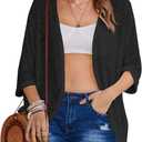 HOTOUCH Womens Lightweight Cardigan Open Front 3/4 Sleeve Casual Loose Fit Beach Cover Up (XX-Large, Black)