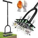 Saker Manual Lawn Aerator Tool with 15 Iron Spikes Adjustable Height, Double-Layer Spring, Heavy-Duty Iron Lawn Aerator Tool with Gloves for Loosening Soil Aerating Patio, Yard, Garden Black
