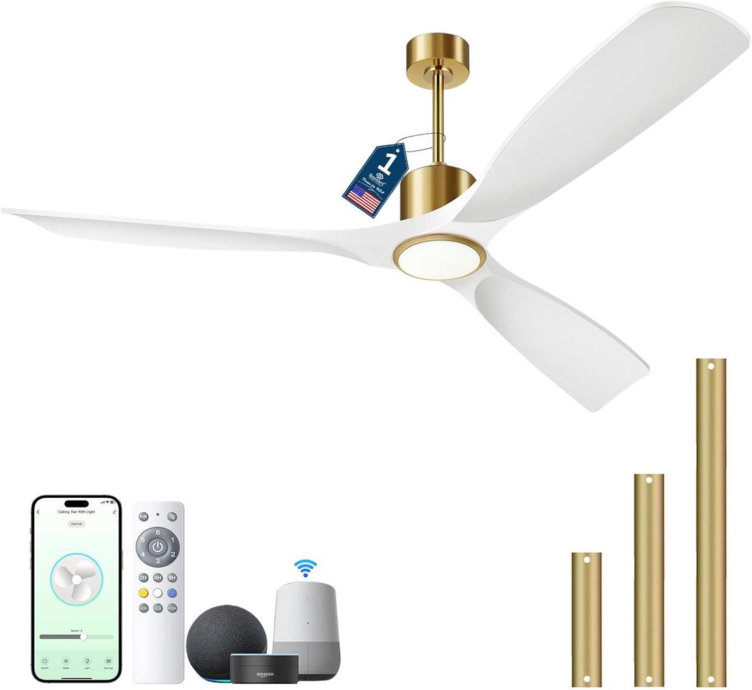 Ceiling Fans with Lights, Ceiling Fans with Lights and Remote Control, 52 inch Modern Smart White and Gold Ceiling Fan, Outdoor Ceiling Fans for Patios 3 Blade Bedroom FarmhouseWhite