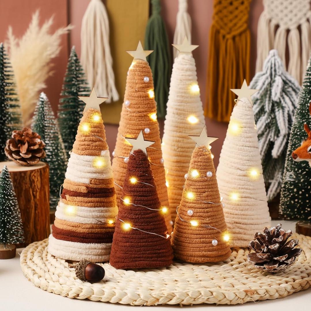 6 Pcs Boho Christmas Yarn Tree Natural Xmas Yarn Cone Pedestal Decoration Farmhouse Christmas Tree Rustic Wool Bottle Brush Table Centerpiece Decor (Brown)
