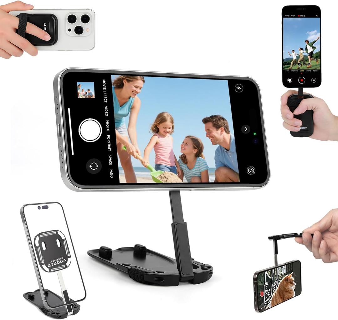 Magnetic Phone Tripod Stand, Portable Mini Selfie Stick for iPhone 17/16/15/14/13/12 & MagSafe, Aluminum Angle-adjustable Foldable Strong Magnet Phone Holder, Travel Essentials, Included Metal Ring (Charcoal Black)