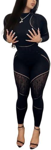 AVZXSA Women's Sexy Seamless Jumpsuit 2 piece outfit, Mock Neck Long Sleeve Bodysuit with Snap Crotch and Leggings Set, Black Plus 