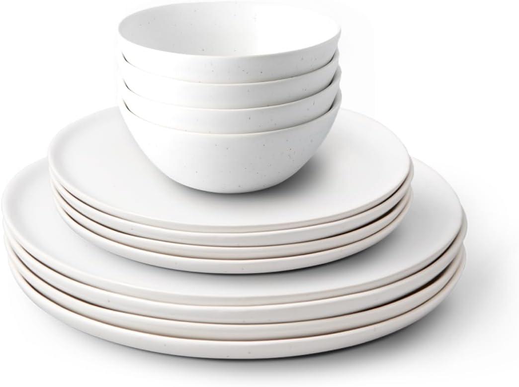 Fable Dinnerware Set - Includes 4 Each of The Dinner + Salad Plates, and The Breakfast Bowls - Dishwasher Safe, Durable Stoneware Ceramic Plates and Bowls - Speckled White