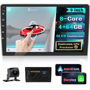 Qualcomm [8-Core 4+64G] Double Din Android 15 Car Radio Stereo with Wireless Carplay Android Auto, 9 Inch Touchscreen with 3D Car Model WiFi GPS Bluetooth FM/RDS DSP SWC Backup Camera MIC