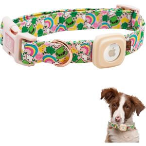 2 x Elegant Little Tail Airtag Dog Collar, St Patrick's Holiday Collar With Holder, Cute Adjustable Puppy Collar for Large Dogs (Large (Pack of 1), Rainbow Lucky Clover)