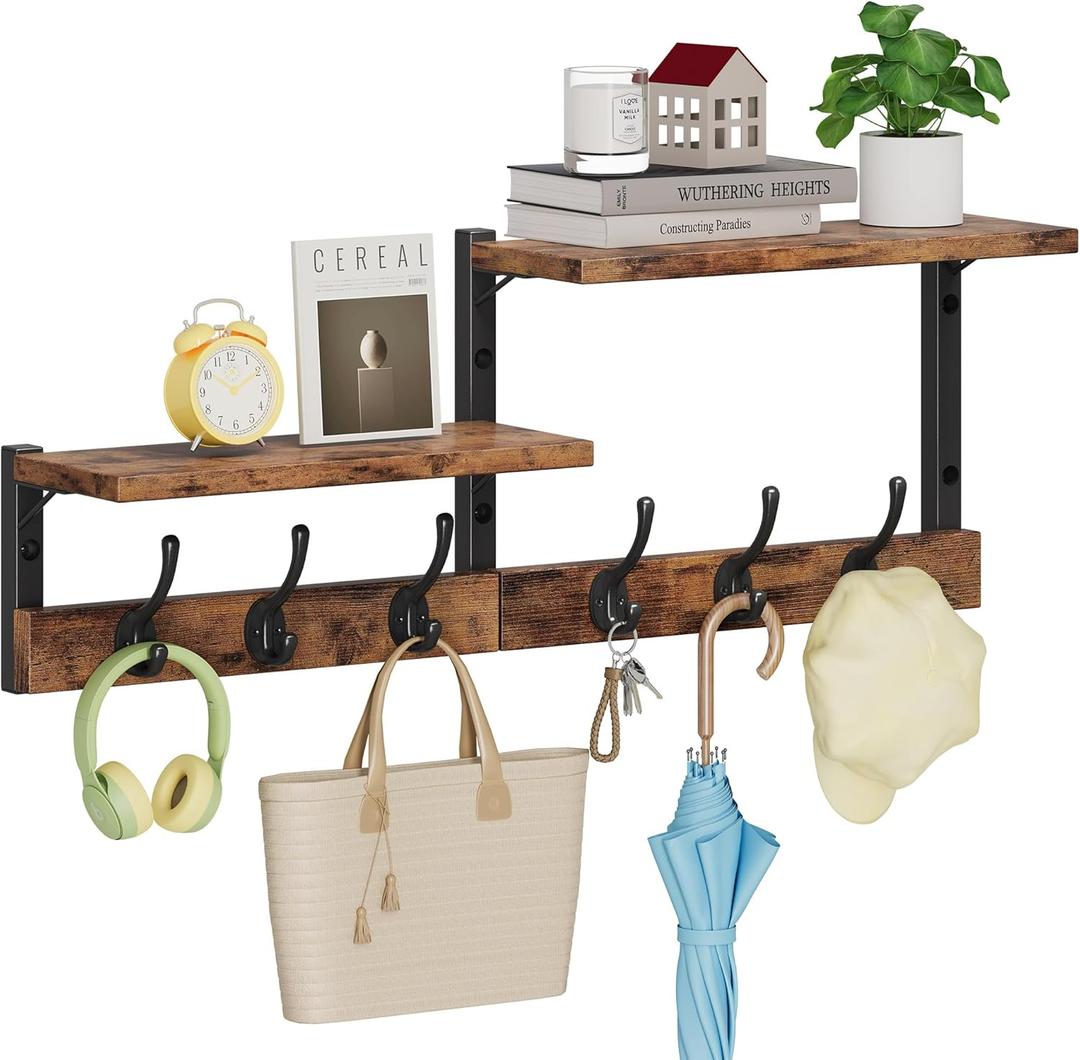 Homeiju 28.7" Coat Rack Wall Mount with Shelf, Key Hooks for Wall with Shelf, Coat Hooks Wall Mounted with 6 Heavy Duty Double Hooks for Bedroom,Living Room, Rustic Brown