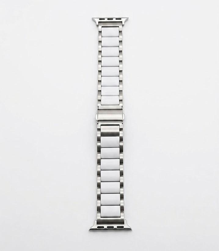 Stainless Steel & White Ceramic Link Bracelet for Apple Watch, Elegant Replacement Band with Adjustable Clasp, Compatible with iWatch Series Ultra, SE, 9, 8, 7, 6, 5, 4