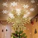 Christmas Tree Topper Lighted with Built-in LED Rotating Snowflake Projector, 3D Hollow Glitter Gold Snowflake Tree Topper for Xmas Party Holiday Christmas Decorations