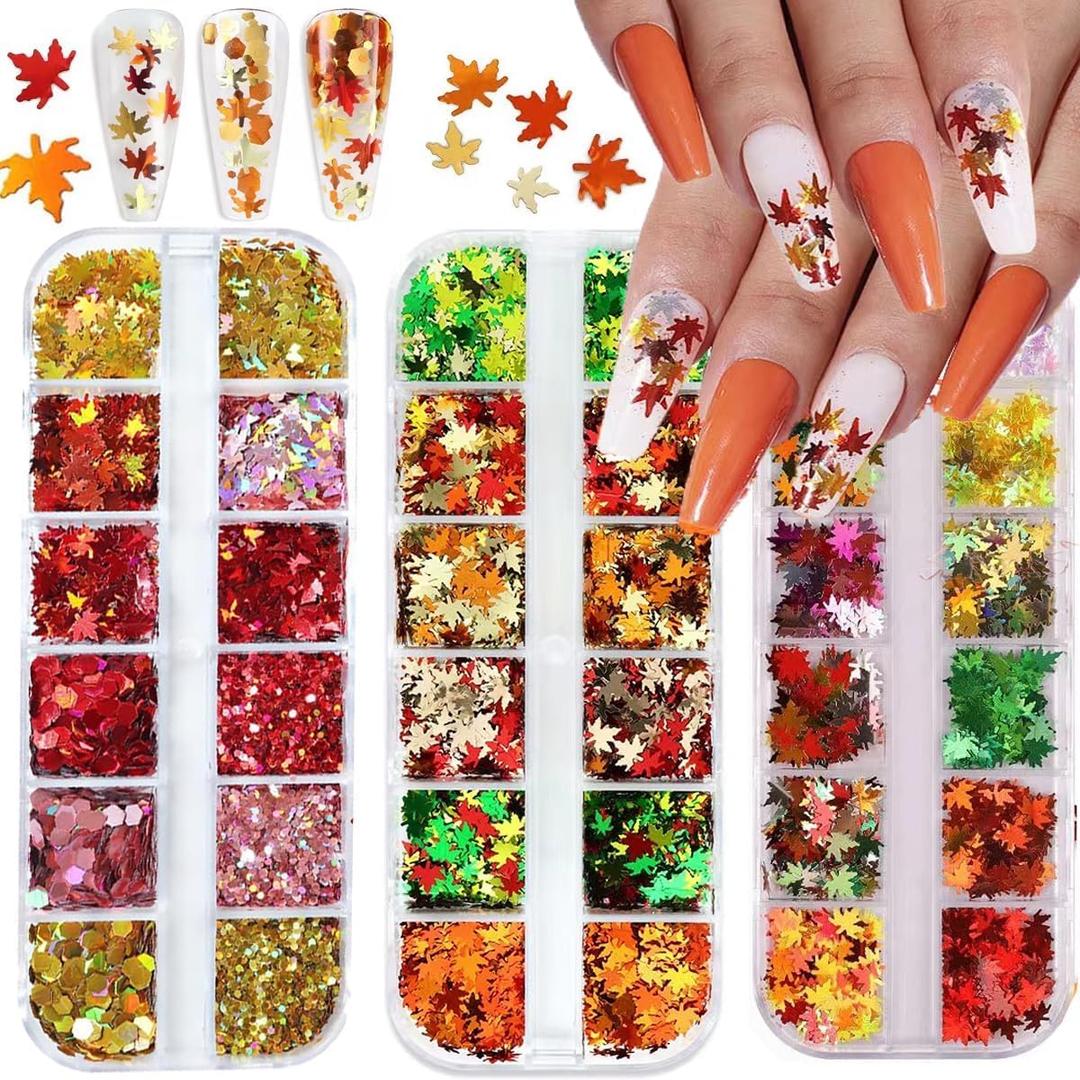 2 x Fall Leaf Glitter Nail Sequins,3 Boxes Holographic Maple Leaf Nail Art Flakes Orange Red Gold Autumn Glitter Sticker Decals Manicure DIY Thanksgiving Decorations 36 Styles (Style01)