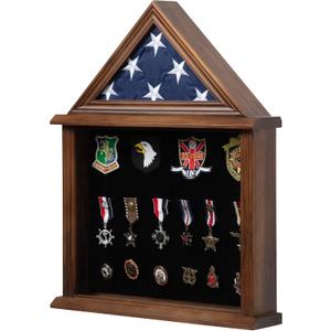 Flag Display Case American Flag Solid Wood Display Case Fits a 3 X 5 Flag Folded Military Shadow Box with Felt Lining Holder for Certificate Pins Insignia Medals Walnut